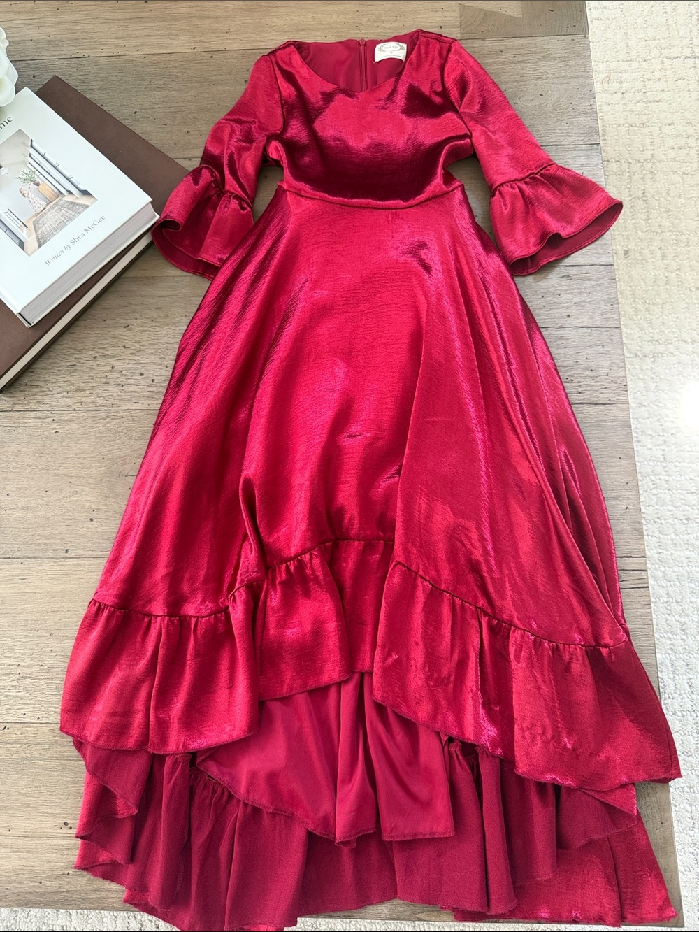 Girls' Red Satin High-Low Ruffle Hem Dress